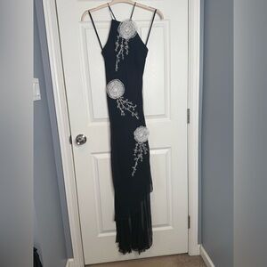 VTG Cache Black Dress with Silver Embroidery/Flowers, size 4, ~2004